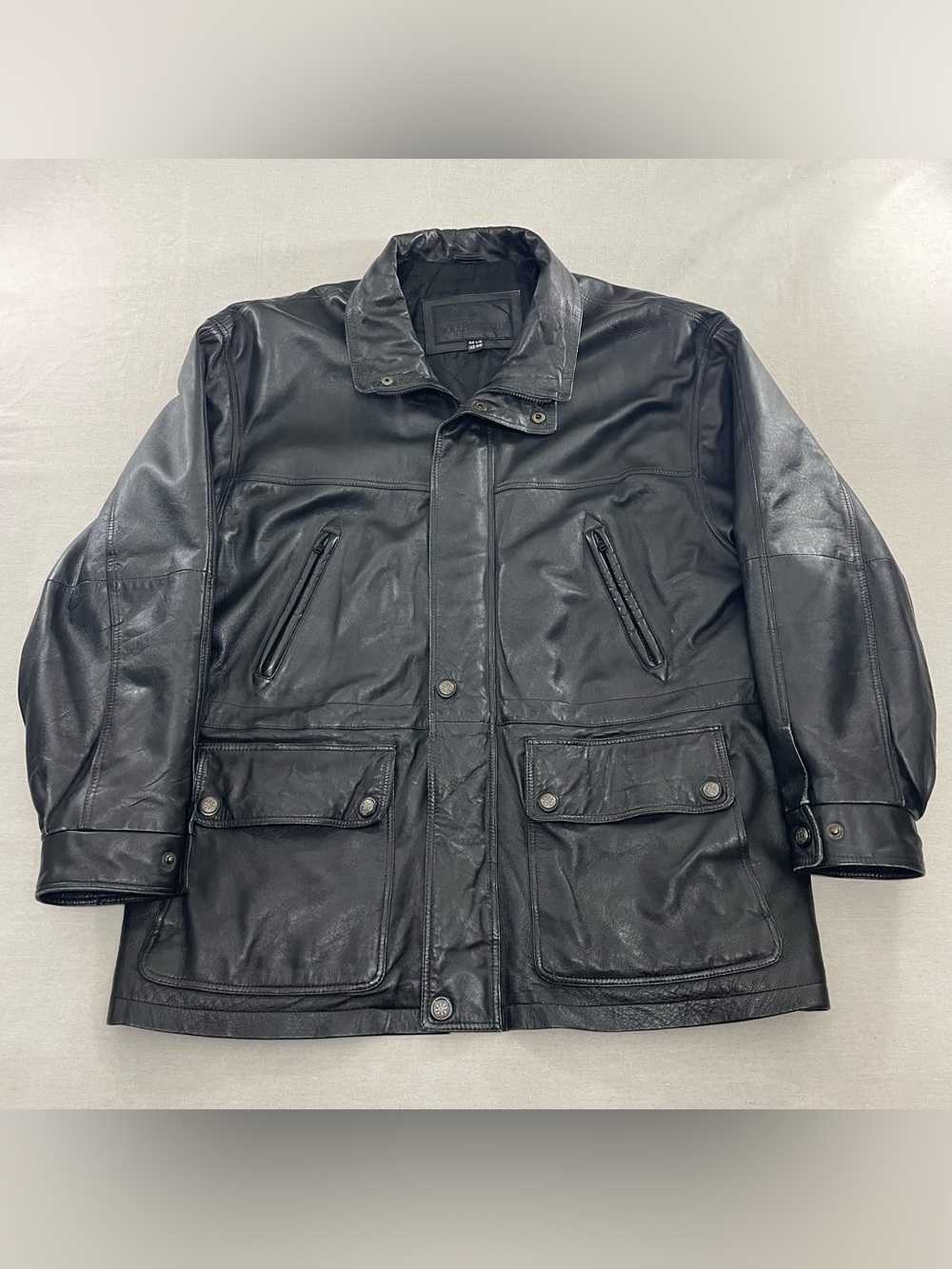 VTG Boulevard Club Black Leather Jacket Men LG 42-44 Full Zip Insulated Quilted